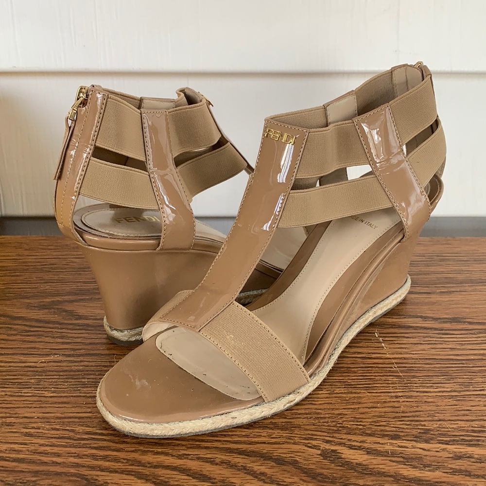 Fendi leather and lacquer wedge sandals.